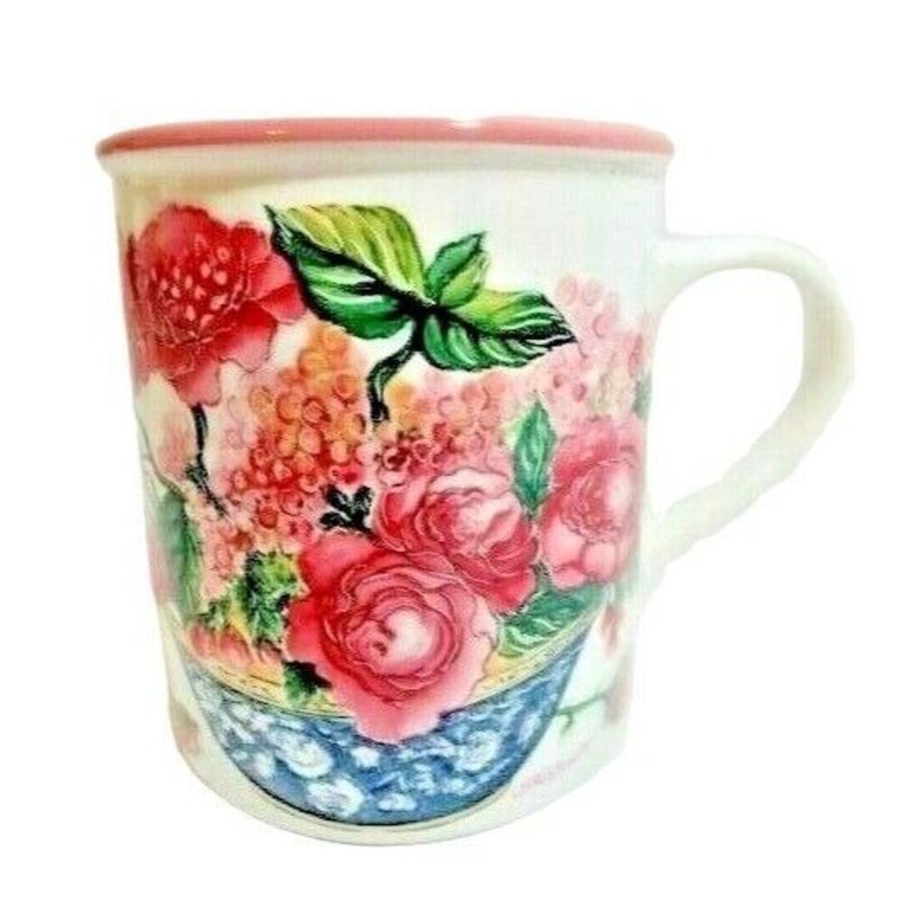 Potpourri Press Valencia Teacup Coffee Mug Floral Mauve Blue Vintage 1990's Gift